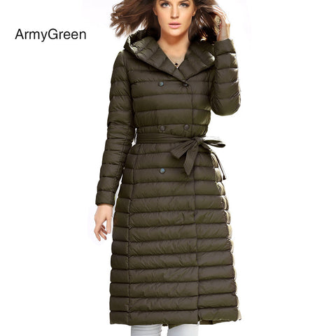 Snow Winter Down Jacket Women Coat Anorak 90 % White Duck Down with Belt Longer Knee Women's Hooded Double Breasted Jackets-Low Cost Product-Low Cost Product
