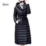 Snow Winter Down Jacket Women Coat Anorak 90 % White Duck Down with Belt Longer Knee Women's Hooded Double Breasted Jackets-Low Cost Product-Low Cost Product
