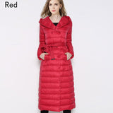 Snow Winter Down Jacket Women Coat Anorak 90 % White Duck Down with Belt Longer Knee Women's Hooded Double Breasted Jackets-Low Cost Product-Low Cost Product