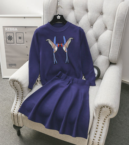 2016 High-end Women's Sequined Embroider Bird Sweater Top + A-line Skirt 2pcs Sets Ladies Winter Vogue Knit Suits Red Black Blue-Low Cost Product-Low Cost Product