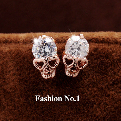 New Fashion Vintage Stud Earrings CZ Diamond 18K Gold Plated Skull Stud Earrings Free Shipping-Low Cost Product-Low Cost Product