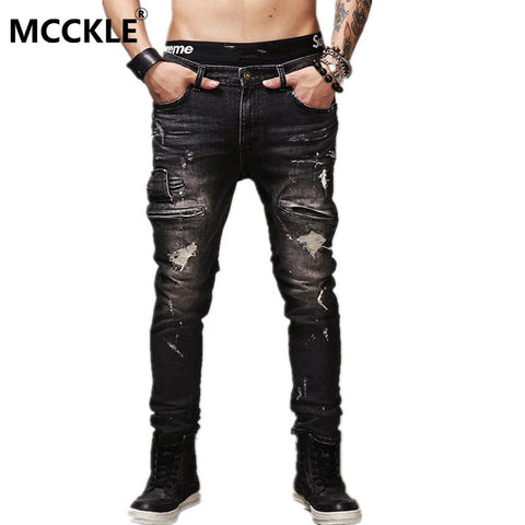 High Quality Mens Ripped Biker Jeans 100% Cotton Black Slim Fit Motorcycle Jeans Men Vintage Distressed Denim Jeans Pants Q1566-Low Cost Product-Low Cost Product