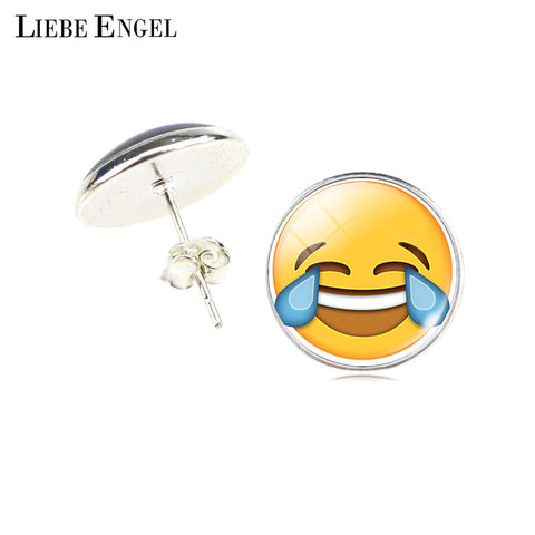 LIEBE ENGEL Vintage Silver Color Emoji Jewelry Women Accessories Fashion Emoticons Glass Cabochon Stud Earrings Fine Jewelry-Low Cost Product-Low Cost Product