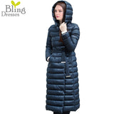 Snow Winter Down Jacket Women Coat Anorak 90 % White Duck Down with Belt Longer Knee Women's Hooded Double Breasted Jackets-Low Cost Product-Low Cost Product